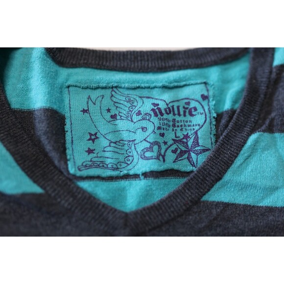 PacSun Nollie Y2K Teal/Grey Striped V-Neck Pullover Cashmere Blend Sweater Large - Picture 5 of 9